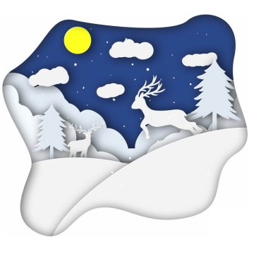 剪纸叠加风格冬天大雪覆盖的山坡和森林里的驯鹿雪景9721283免抠图片素材