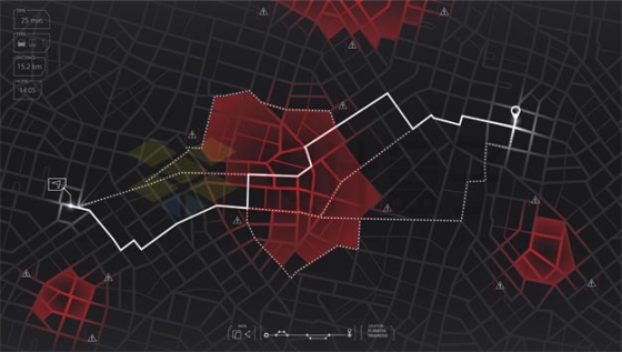 暗黑风格城市地图和红色封锁区域及多条白色导航线路7951235矢量图片免抠素材下载
