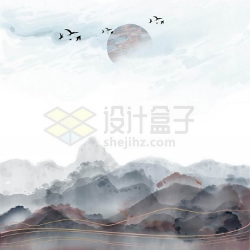 金丝线风格国潮中国传统山水画免抠图片素材