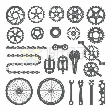 自行车上的链条脚蹬子轮胎扳手齿轮等零配件和工具剪影1049059矢量图片免抠素材