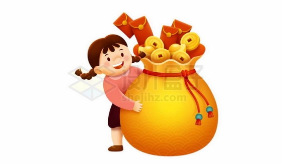 新年春节卡通女孩抱着大大的钱袋子和金币红包插画2430050矢量图片免抠素材