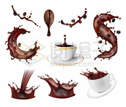 各种咖啡液滴飞溅的水花效果和咖啡杯美味饮料1375481矢量图片免抠素材免费下载