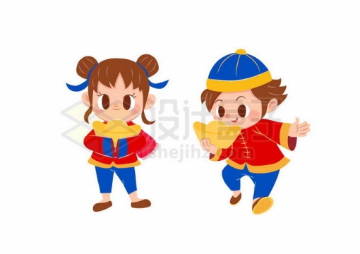 新年春节卡通儿童抱着金元宝6382660矢量图片免抠素材
