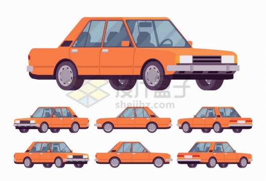 6个不同角度的卡通橙色汽车png图片免抠矢量素材