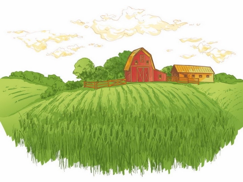 彩绘风格乡村绿色麦田和远处的农舍树林风景图png图片免抠矢量素材