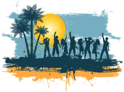 夕阳下的海滩椰子树下舞动的青春青年男女剪影4835667矢量图片免抠素材