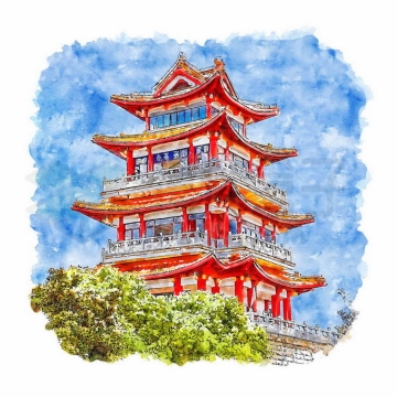 上海海湾龙腾阁中国古代建筑水彩插画6293974矢量图片免抠素材免费下载
