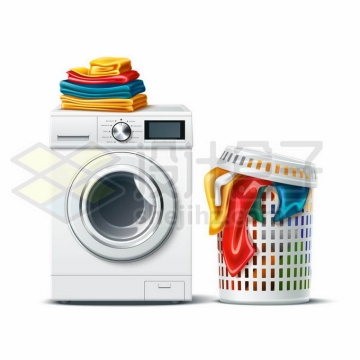 一台滚筒洗衣机和上面堆放的洗干净的衣服以及旁边垃圾桶中脏衣服8024931矢量图片免抠素材免费下载