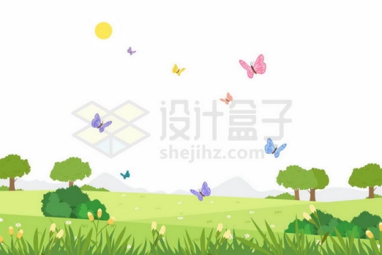 卡通青草地草原上飞舞的蝴蝶风景6216501矢量图片免抠素材
