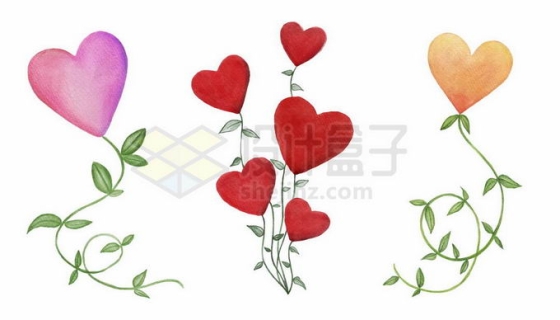 3款彩色心形气球花朵和绿叶7050094矢量图片免抠素材免费下载