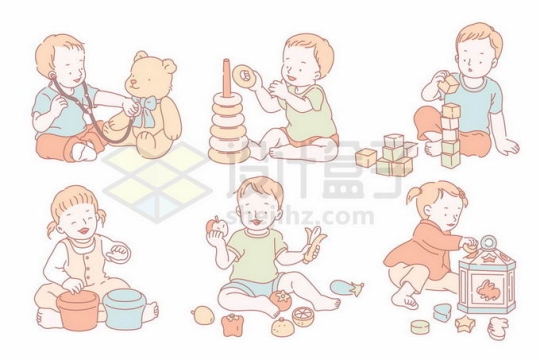 卡通婴儿过家家玩益智玩具等婴幼儿认知训练手绘线条插画6585017矢量图片免抠素材