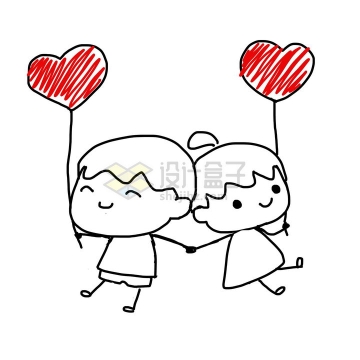 黑色线条卡通小男孩小女孩情侣拿着涂鸦红心气球png图片免抠素材