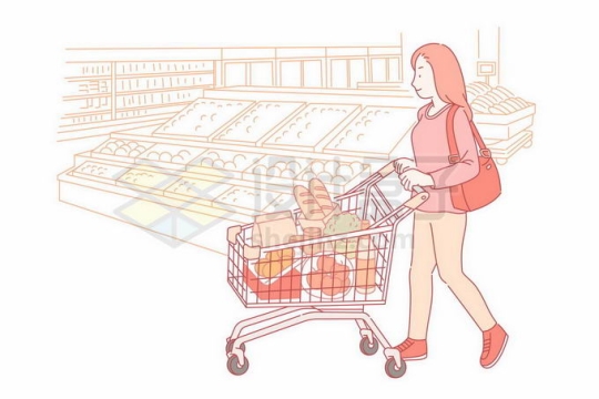 卡通女孩推着小推车在超市购物手绘线条插画6276859矢量图片免抠素材