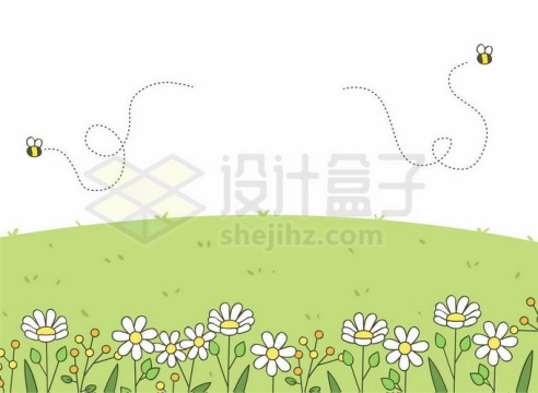 卡通青草地草原上盛开的小花和蜜蜂4512566矢量图片免抠素材