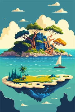 手绘漫画风格海中的岛屿和悬空岛风景插画3158290矢量图片免抠素材下载