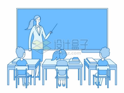 蓝色线条风格卡通老师正在黑板前讲课下面坐了一排认真听讲的学生5138253矢量图片免抠素材