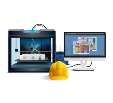 建筑设计师的电脑使用3D打印机打印房屋模型2229798矢量图片免抠素材