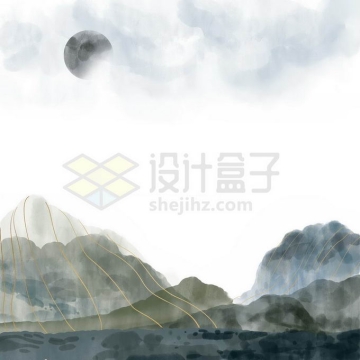 金丝线风格国潮中国传统水墨画山水画免抠图片素材