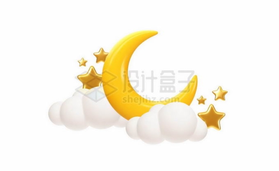 金色弯弯的月亮和五角星以及3D白云3957025矢量图片免抠素材