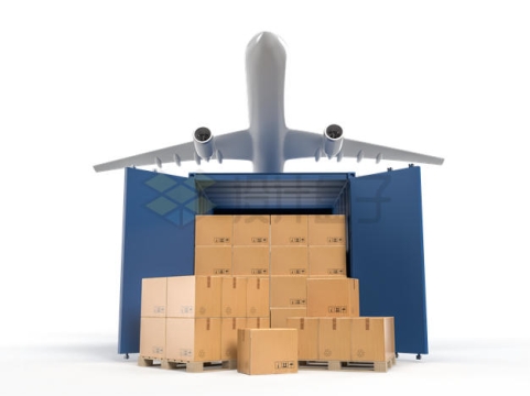 打开的蓝色集装箱中的纸盒子包装箱和上空的货运飞机9184686PSD免抠图片素材