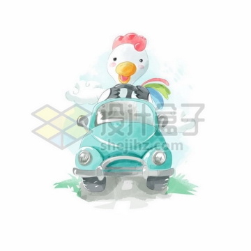 卡通白色鸭子驾驶着绿色汽车水彩插画png图片素材