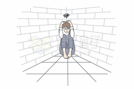 躲在墙角思维混乱的女孩象征了心理疾病手绘线条插画3925604矢量图片免抠素材免费下载