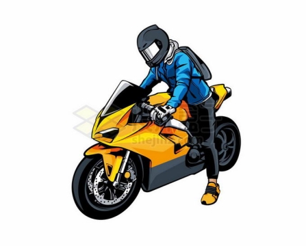 戴头盔的骑手骑在黄色公路摩托车漫画风格1075655矢量图片免抠素材