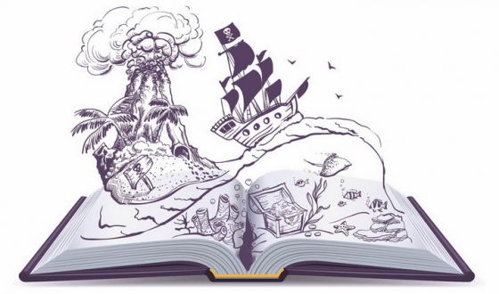 卡通动画插画简笔画风格翻开书本里加勒比海盗的童话故事png图片免抠矢量素材