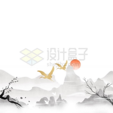 中国风传统水墨画风景图和太阳免抠图片素材