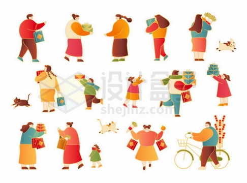 各种新年春节国画风格抱着礼物拜年的人群和卖糖葫芦的小贩插画2115831矢量图片免抠素材