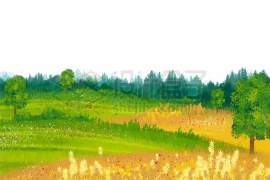 近处大草原和远处的大森林风景水彩画油画风格7847253矢量图片免抠素材