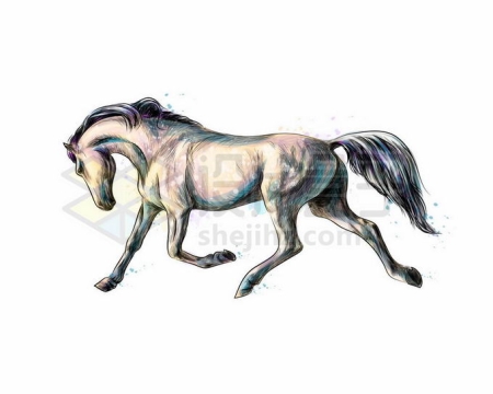 低头慢速奔跑着的白色骏马写实风格水彩插画2010323矢量图片免抠素材免费下载