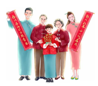 新年春节一起过年的一家人爸爸妈妈爷爷奶奶和孩子拿着对联2317304PSD图片免抠素材