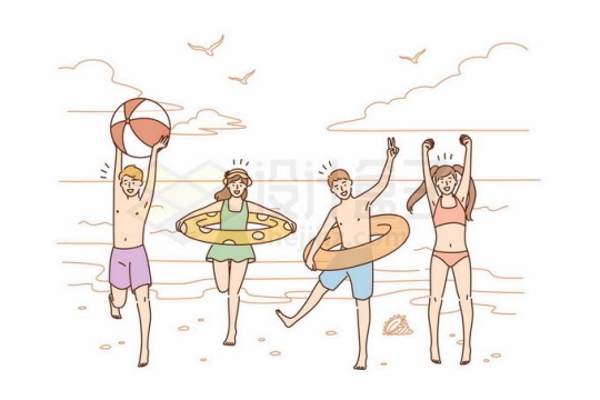 在海边游泳嬉戏玩耍的年轻人手绘线条插画6303259矢量图片免抠素材免费下载