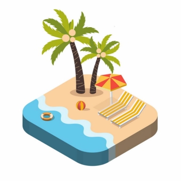 2.5D风格海滩沙滩上的躺椅和椰子树热带海岛旅游3082164矢量图片素材