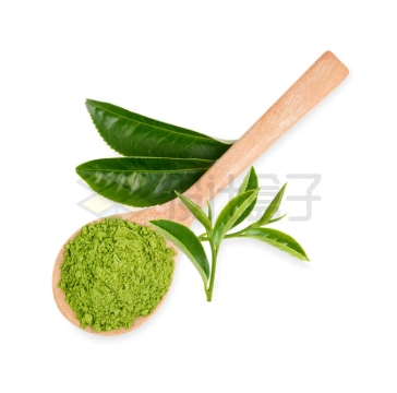 绿色茶叶和一勺子抹茶粉7167541PSD免抠图片素材