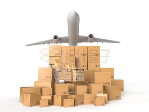 摆放整齐的快递纸盒子包装箱和上空的货运飞机5721598PSD免抠图片素材