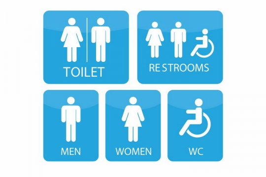 蓝色公共厕所标志指示牌男厕所女厕所和残疾人无障碍卫生间png图片免抠矢量素材