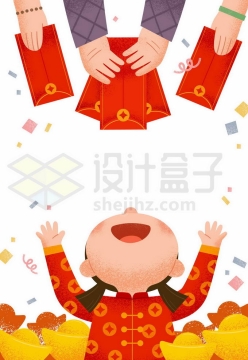 新年春节收到很多红包的卡通小女孩肌理插画风格5823525矢量图片免抠素材
