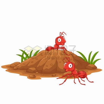 两只卡通红色蚂蚁和土堆蚂蚁窝蚁丘png图片免抠矢量素材