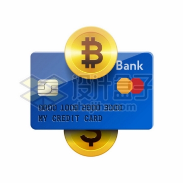 蓝色的银行卡信用卡和比特币金币9069320矢量图片免抠素材