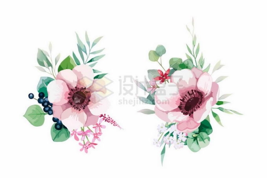 2款粉红色花朵鲜花绿叶装饰水彩画3772501矢量图片免抠素材