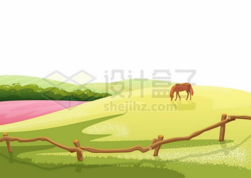 草原上农场里在青草地上吃草的骏马风景9683107矢量图片免抠素材免费下载
