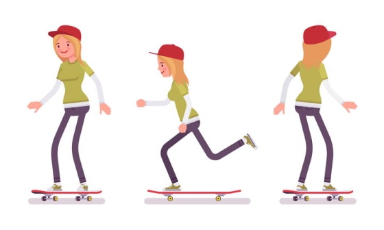 3款正在玩滑板的卡通女孩图片免抠矢量素材