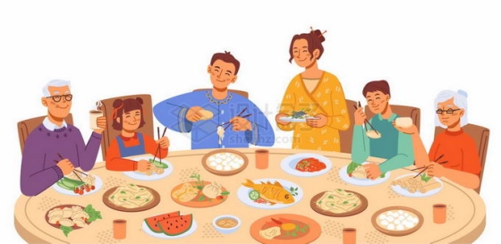 春节新年除夕夜一家人坐在圆桌前吃年夜饭团圆饭插画9708252矢量图片免抠素材