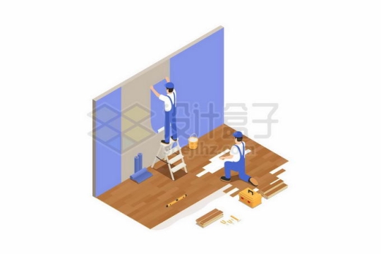 2.5D风格两个装修工人正在贴墙纸墙布和铺地面砖3168560矢量图片免抠素材
