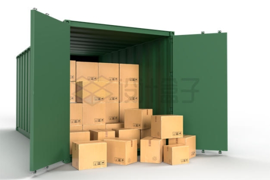 打开的绿色集装箱中满满的纸盒子包装箱2901815PSD免抠图片素材