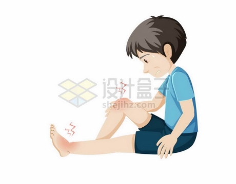 卡通男孩坐在地上膝盖和脚踝扭伤跌打损伤疼痛2065927矢量图片免抠素材