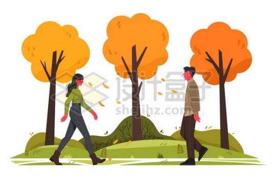 秋天变黄的大树和相向而行的男女4803407矢量图片免抠素材