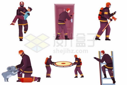 卡通消防员救人砸门救动物消防插画2590821矢量图片免抠素材